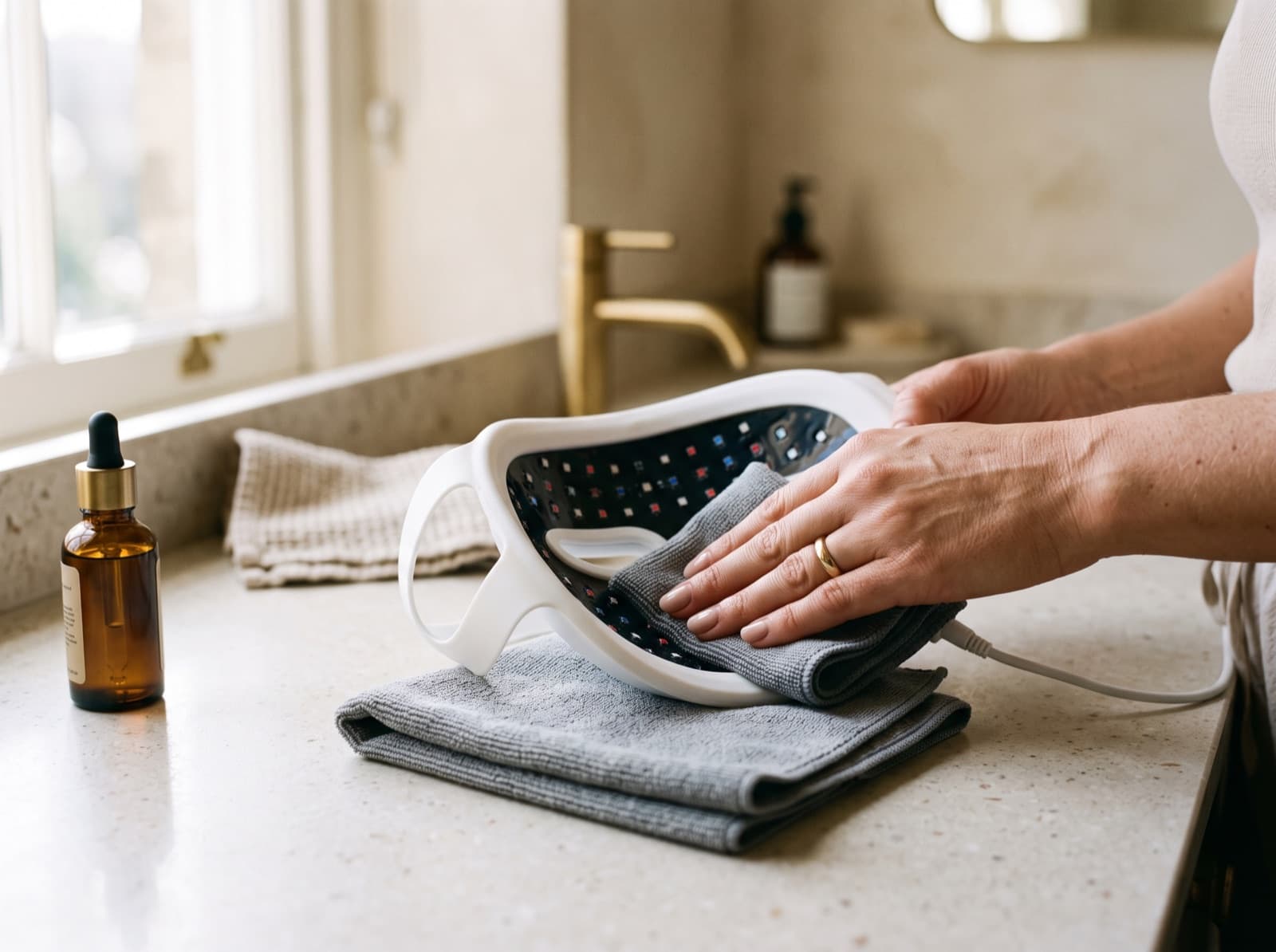 Cleaning an LED face mask with a lint-free cloth
