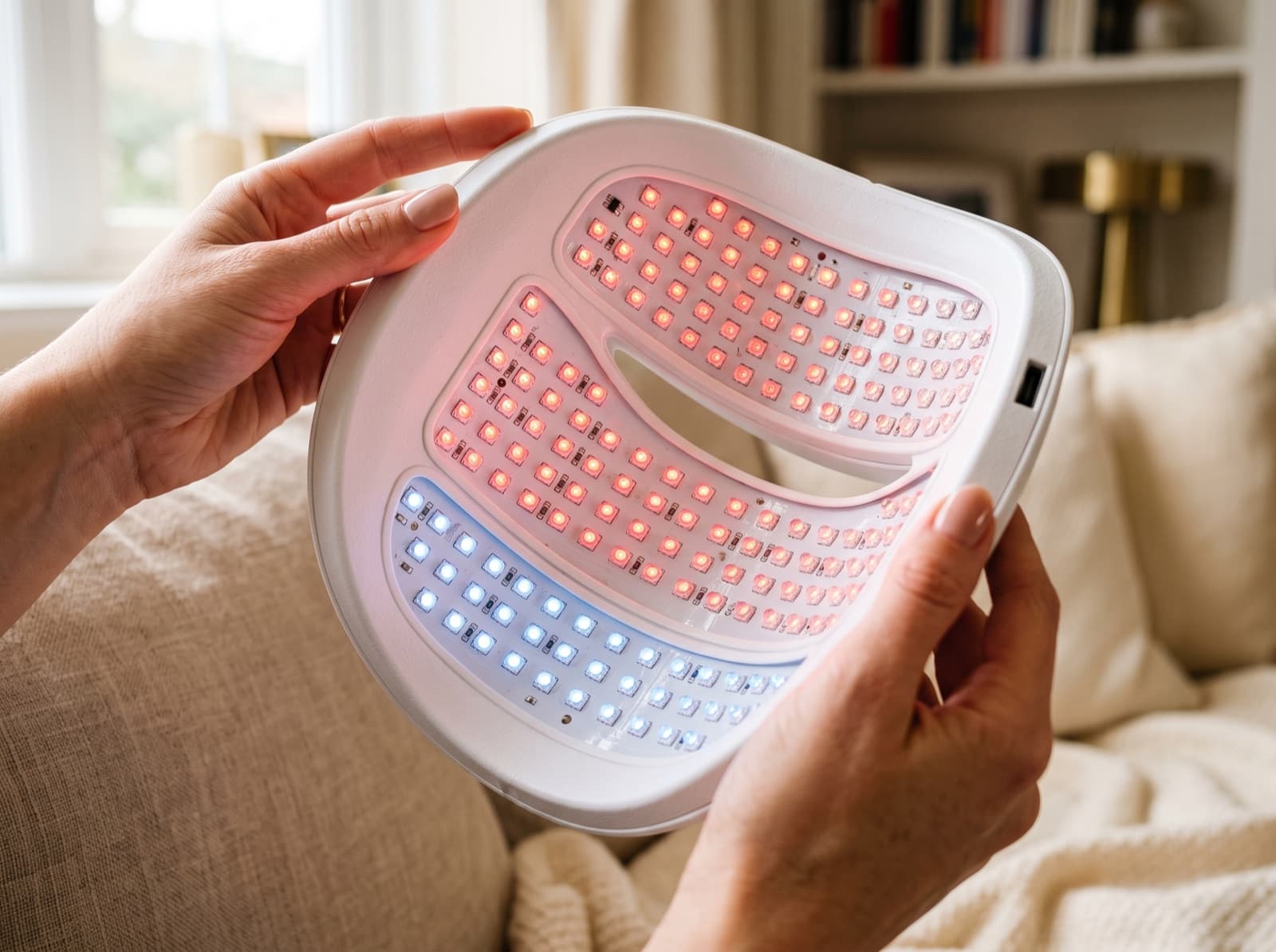 Inside of an LED face mask showing red and blue diodes