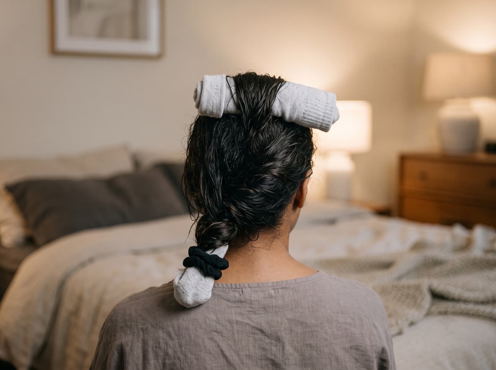 Sock curls: hair sections wrapped around clean cotton socks