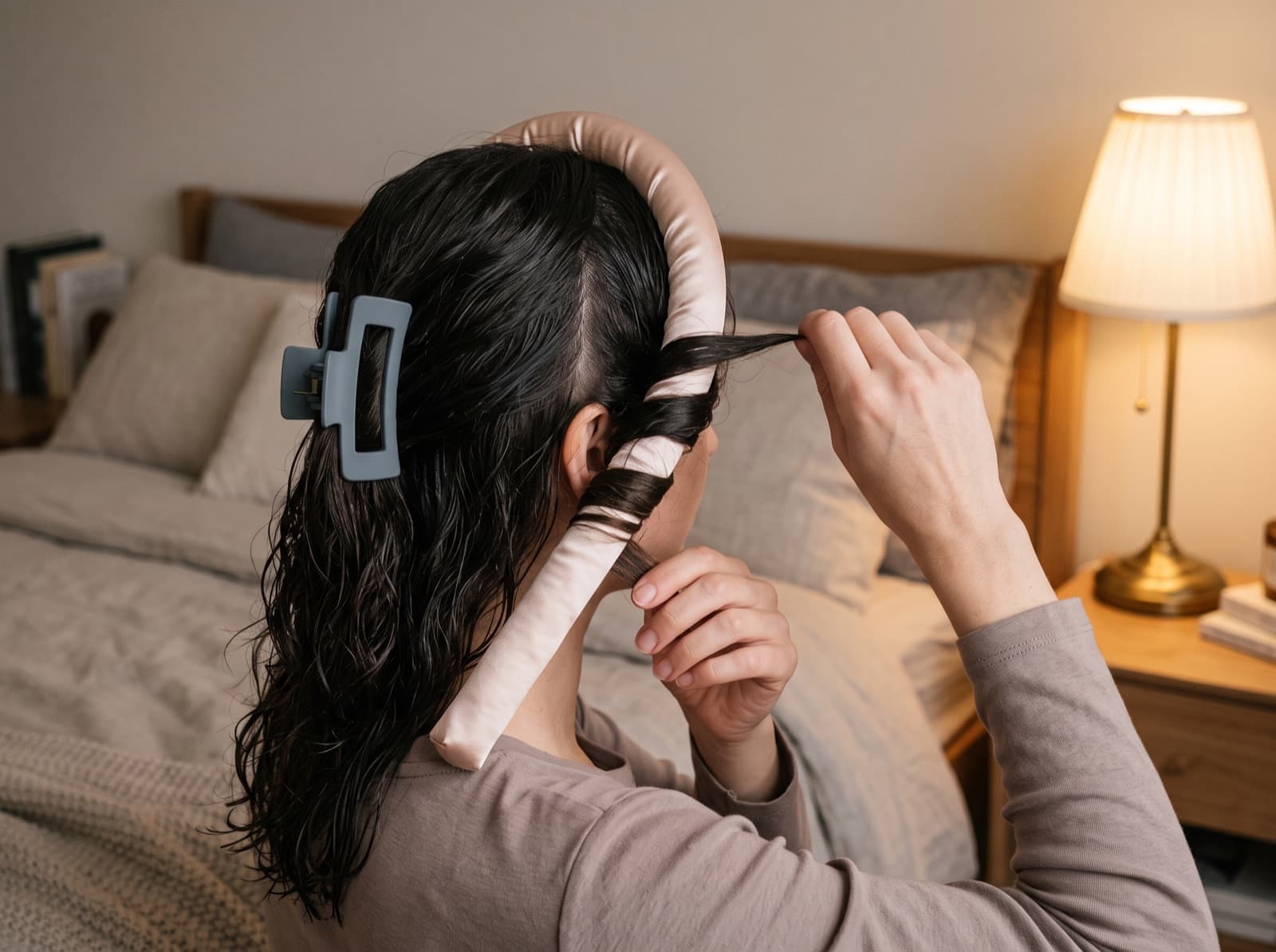 Wrapping a section of damp hair around a heatless curling rod