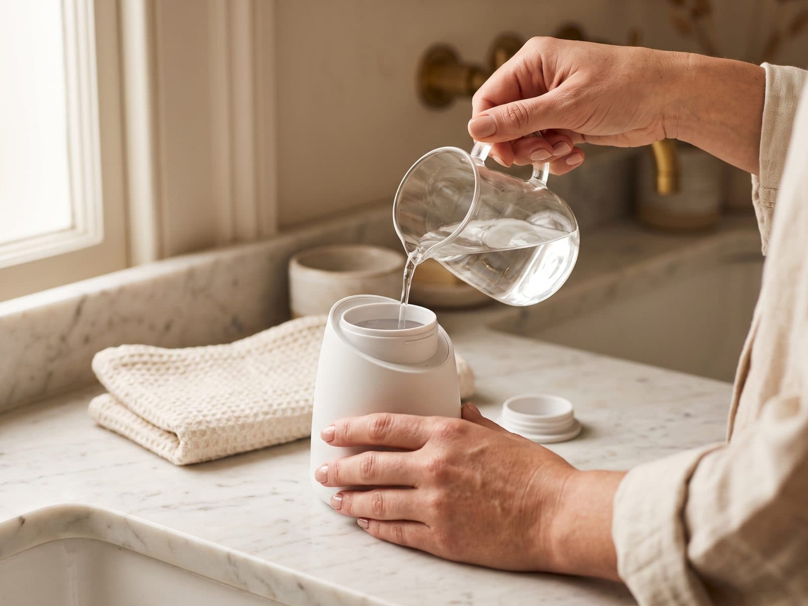 Filling a facial steamer tank with filtered water