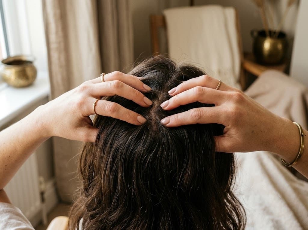 Fingertip scalp massage technique at the crown