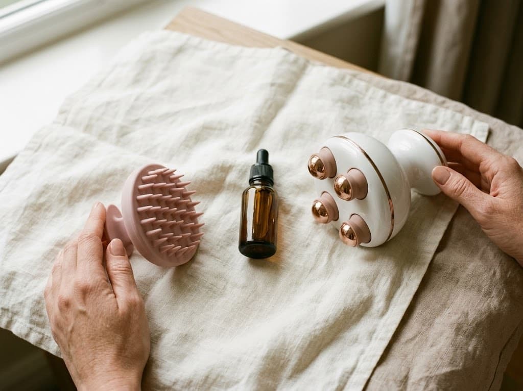 Scalp massage tools: fingertips, silicone brush and electric massager