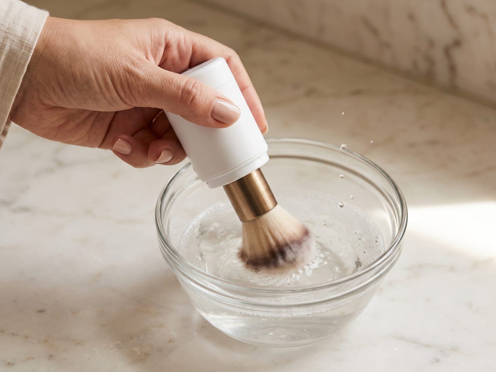 Using an electric makeup brush cleaner to spin a brush in soapy water Using an electric makeup brush cleaner to spin a brush in soapy water