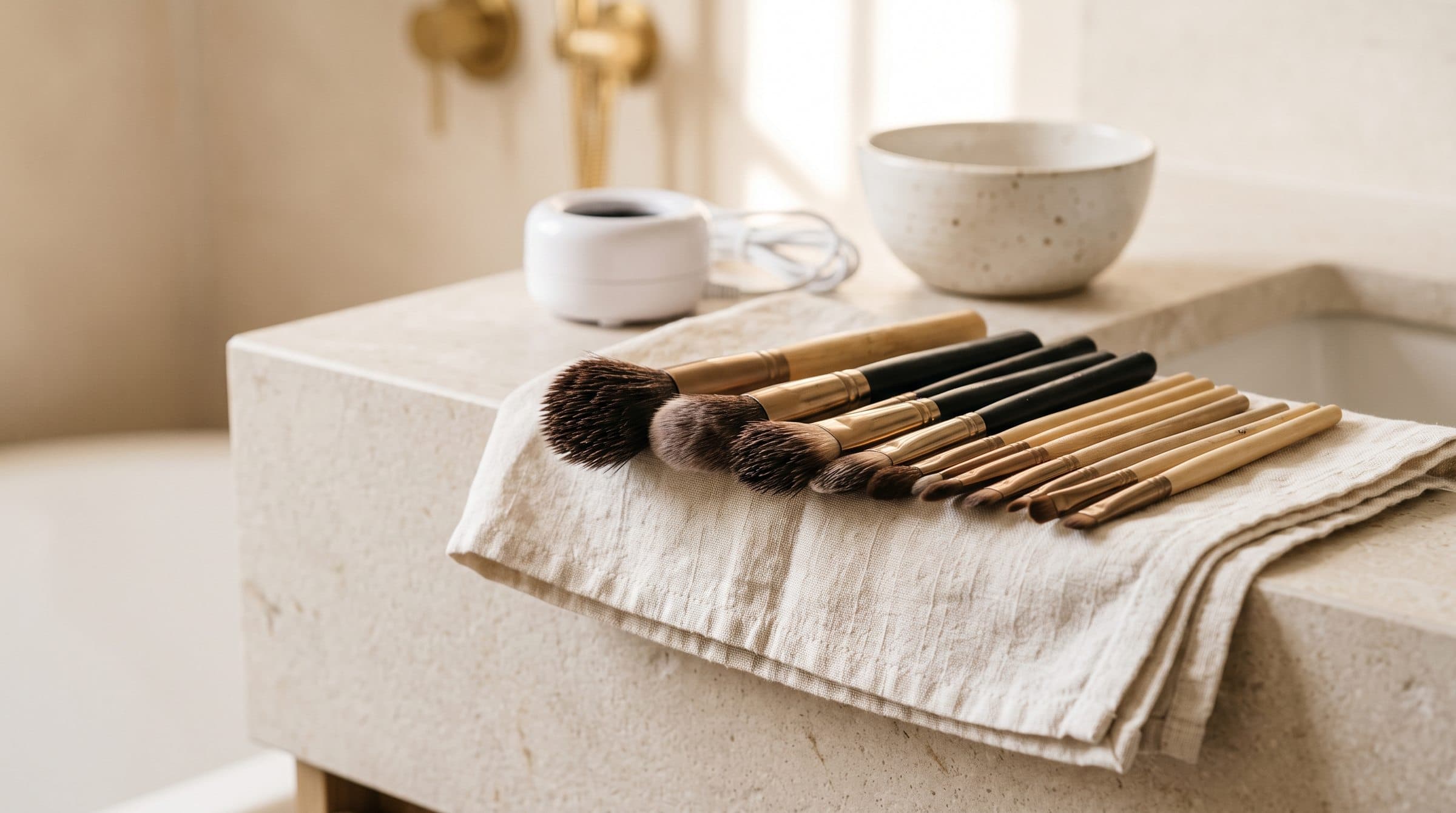 Clean makeup brushes drying flat on a towel Clean makeup brushes drying flat on a towel