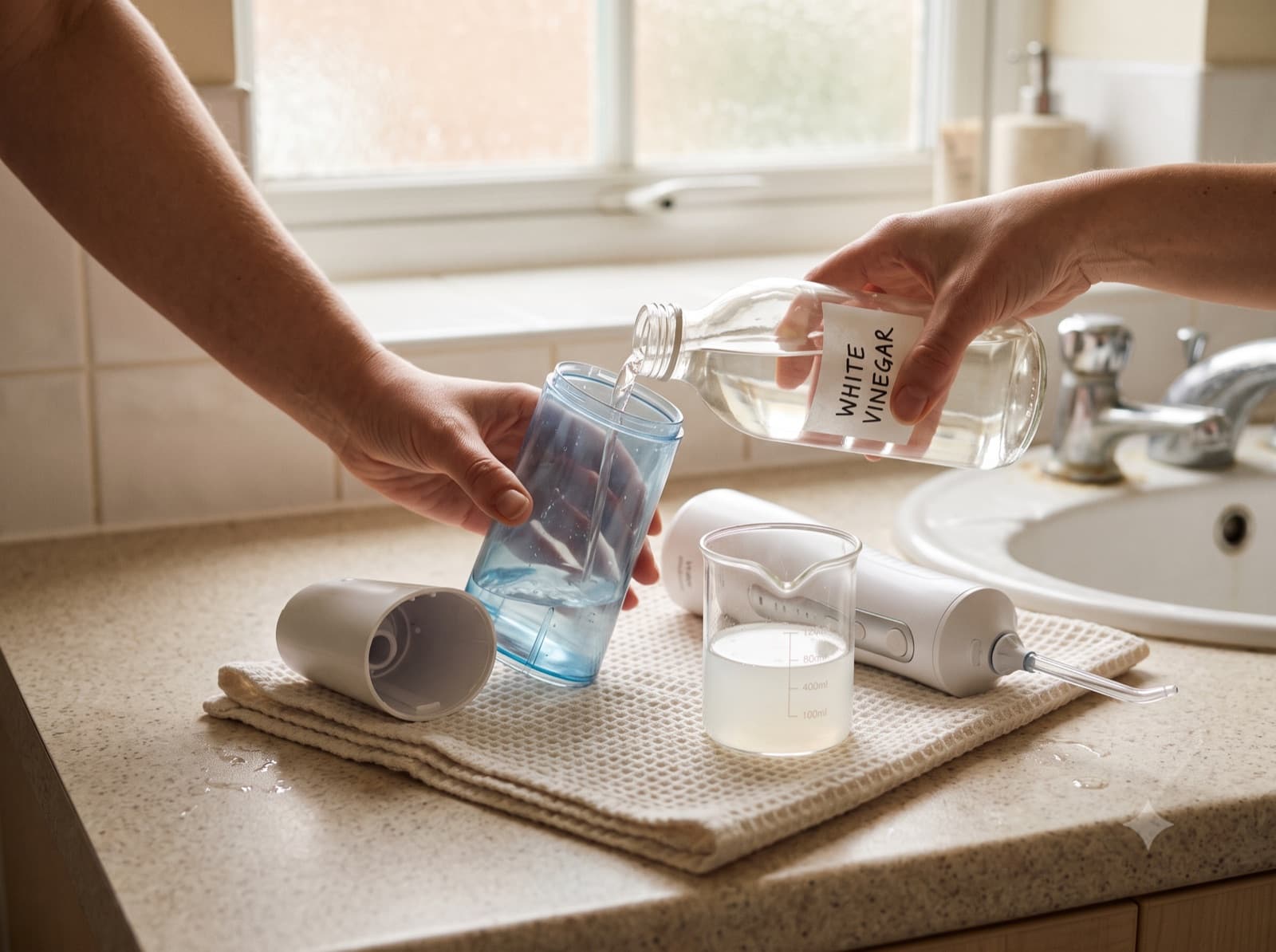Descaling a water flosser tank with white vinegar in a hard water area Descaling a water flosser tank with white vinegar in a hard water area