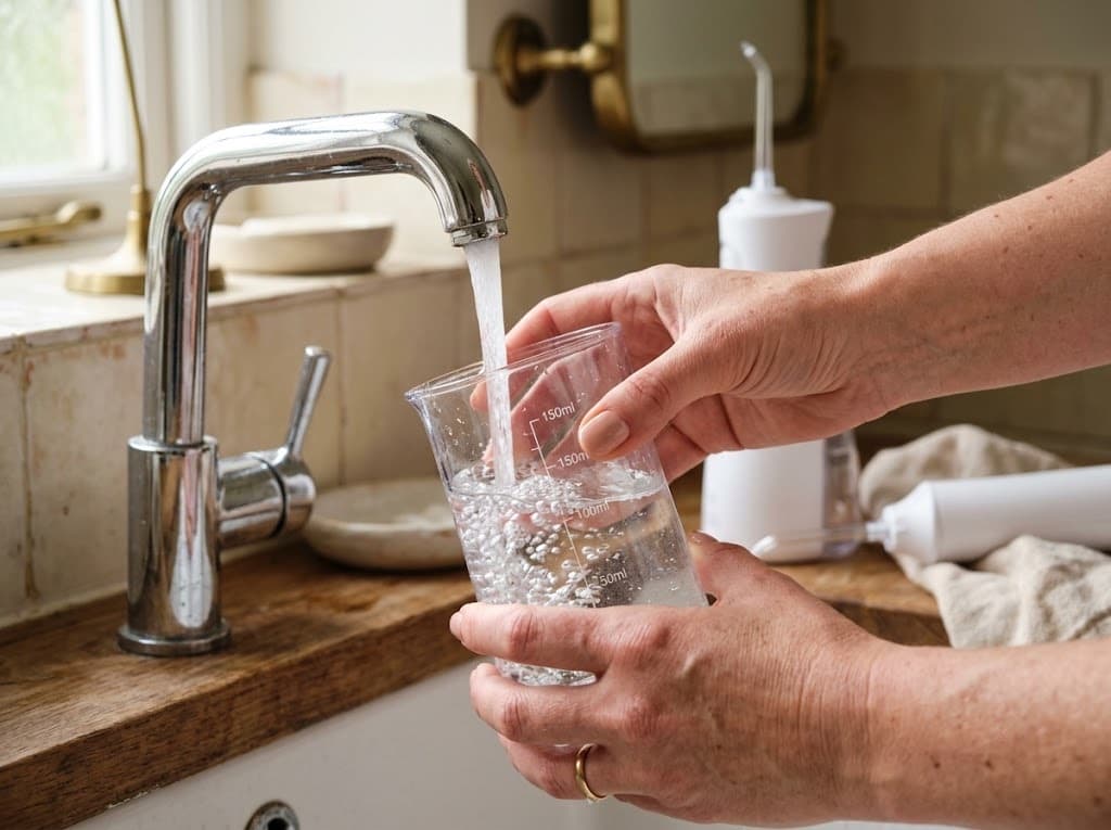 Filling a cordless water flosser tank with lukewarm water Filling a cordless water flosser tank with lukewarm water
