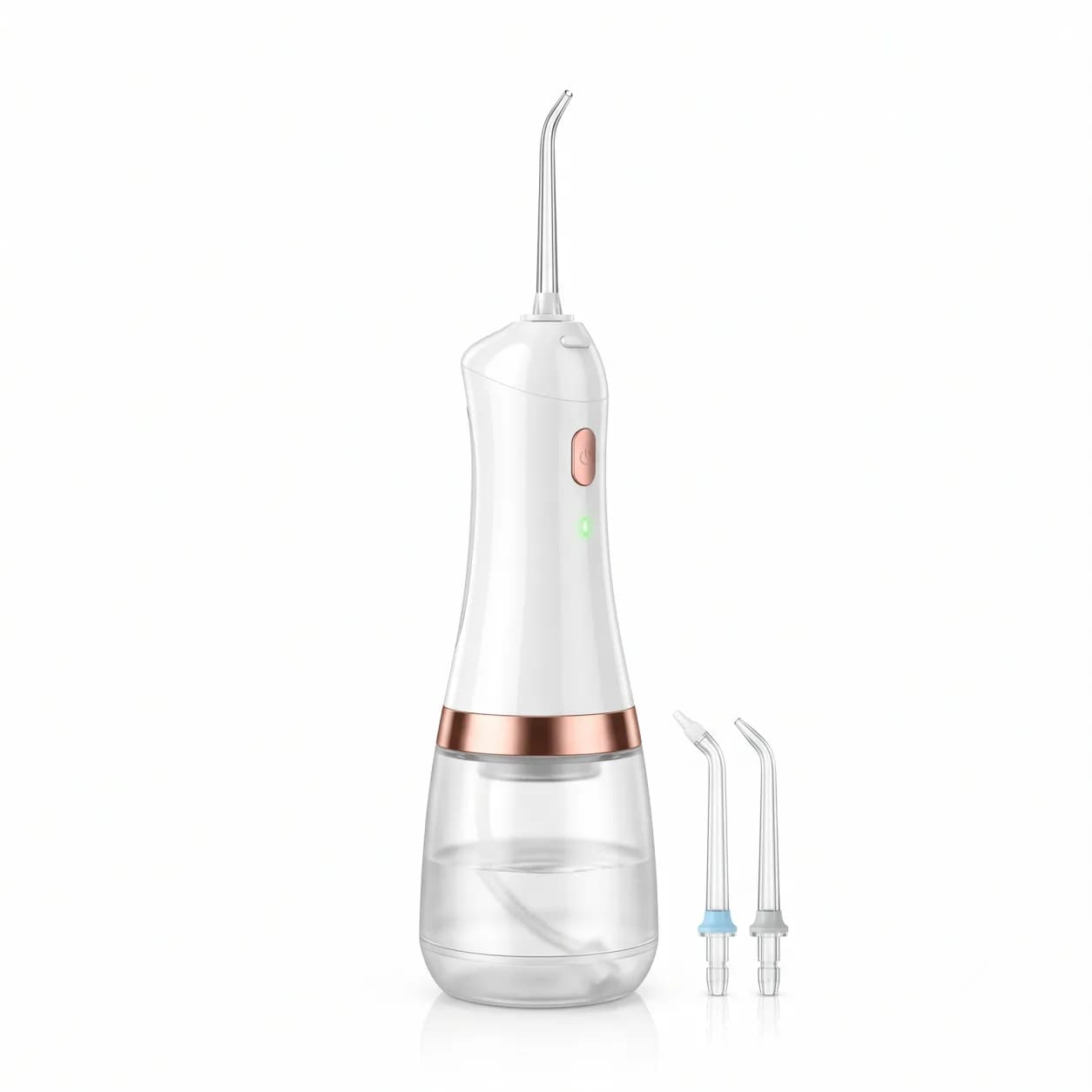 Cordless water flosser in white and rose gold with water reservoir and spare nozzle tips