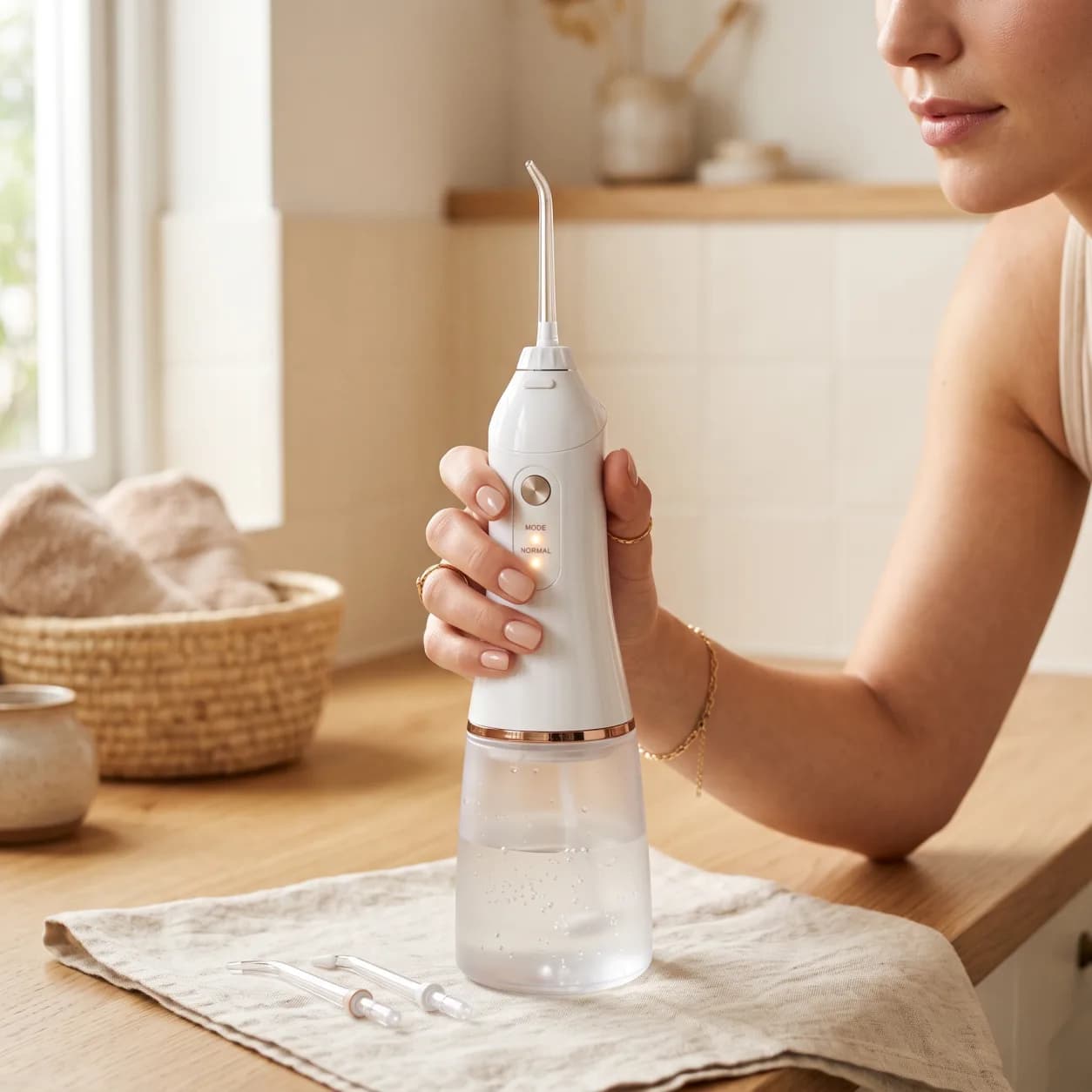 Hand holding a cordless water flosser with its water reservoir and two spare nozzle tips on a wooden bathroom counter