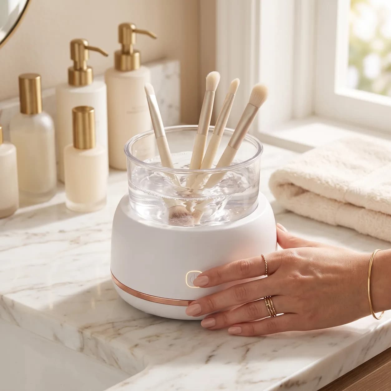 Makeup brushes being cleaned in an electric makeup brush cleaner on a marble vanity