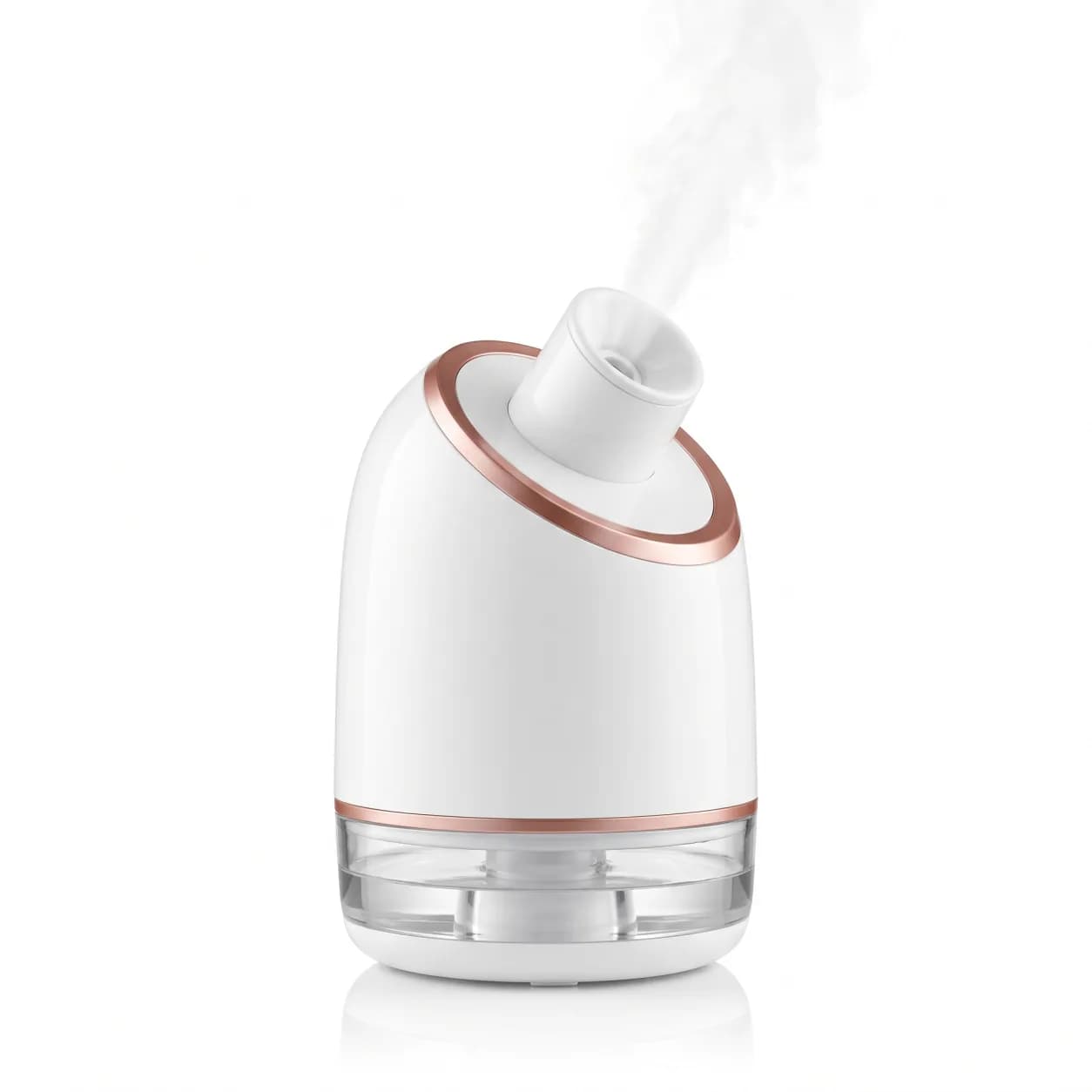 White nano ionic facial steamer with rose gold trim, releasing a fine plume of warm mist
