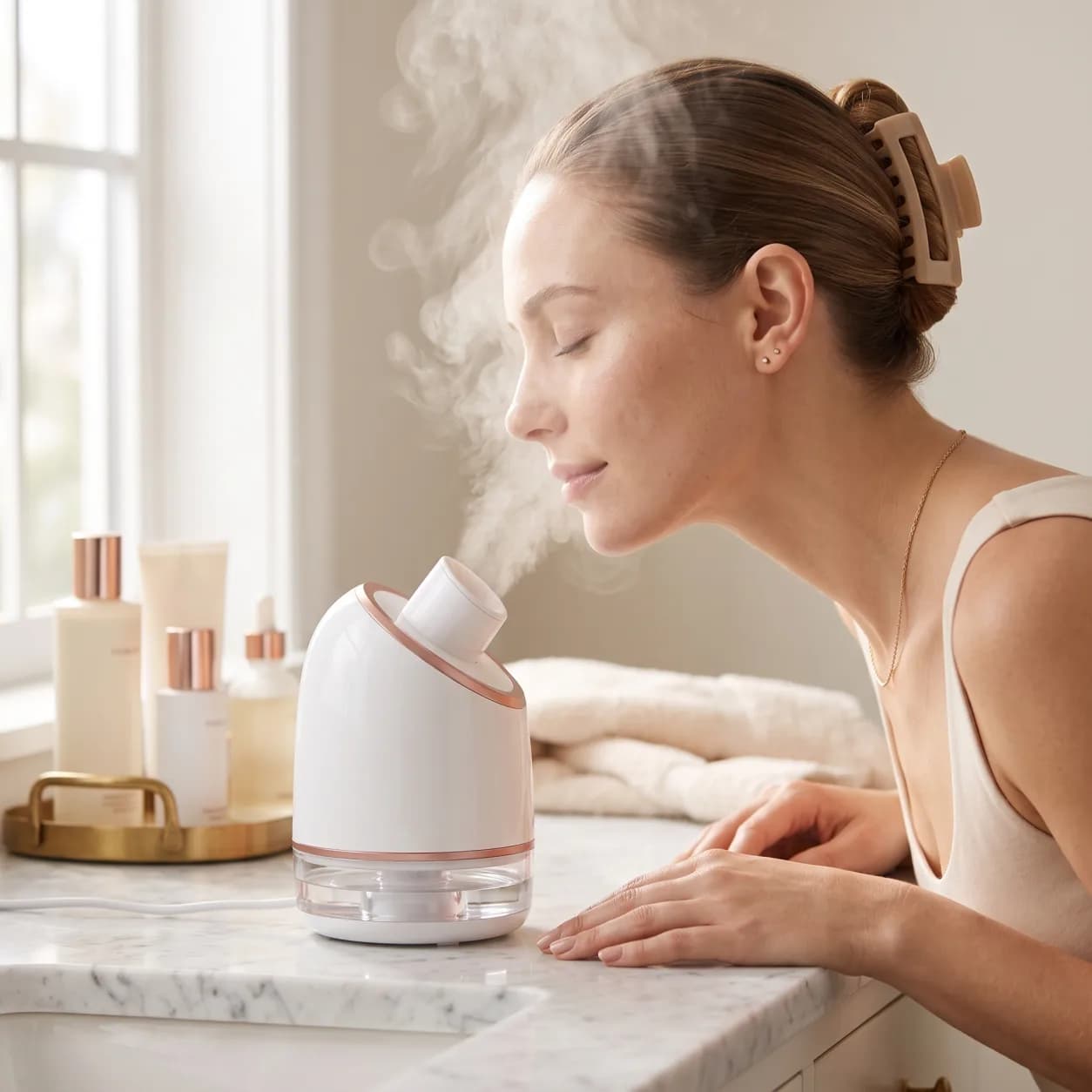 Woman leaning into the mist from a nano ionic facial steamer at a marble bathroom counter