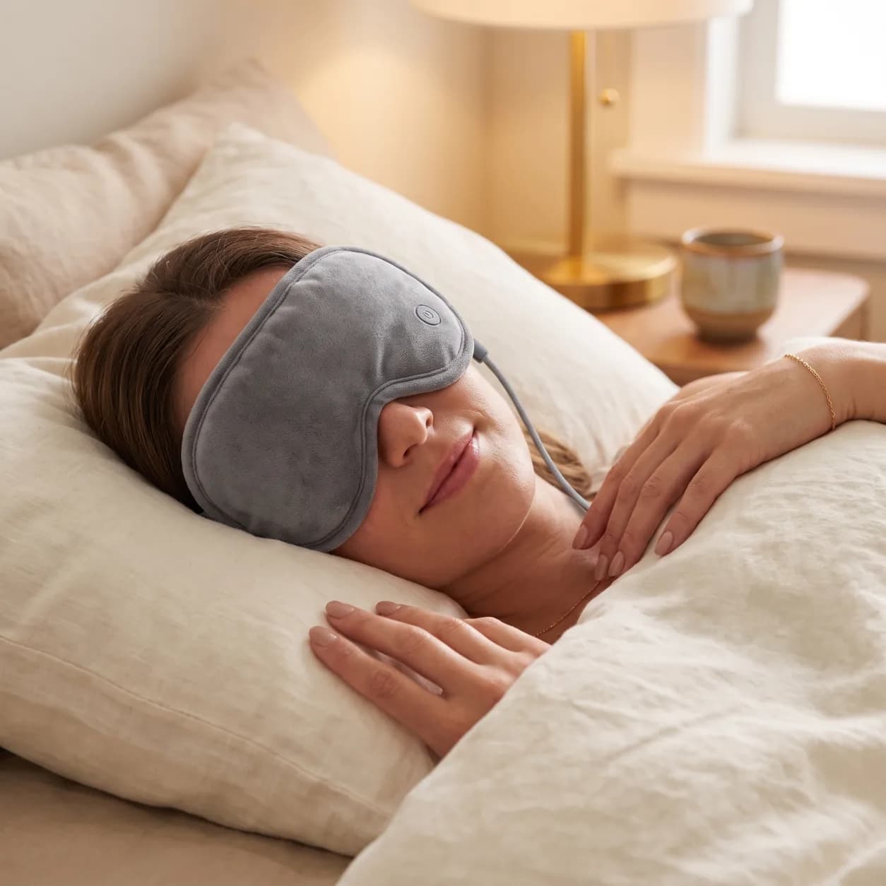 Woman wearing a grey heated eye mask while resting on a cream pillow in soft evening light